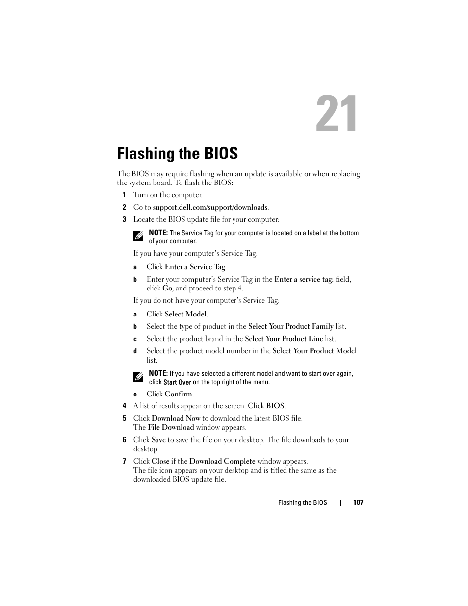 Flashing the bios, 1 turn on the computer, 2 go to support.dell.com/support/downloads | 3 locate the bios update file for your computer, A click enter a service tag, A click select model, E click confirm | Dell XPS 14 (L401X, Late 2010) User Manual | Page 107 / 108