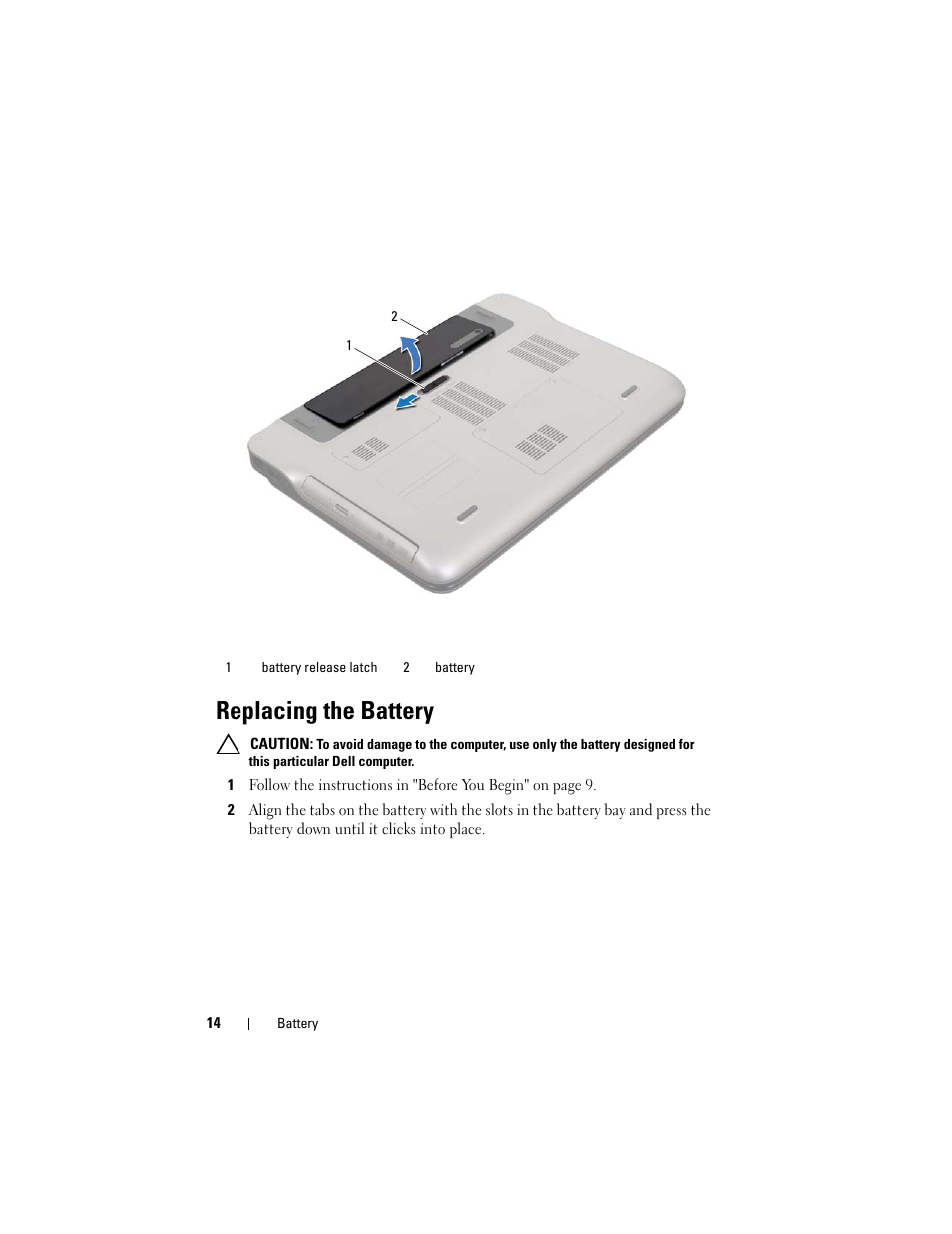 Replacing the battery | Dell XPS 14 (L401X, Late 2010) User Manual | Page 14 / 108