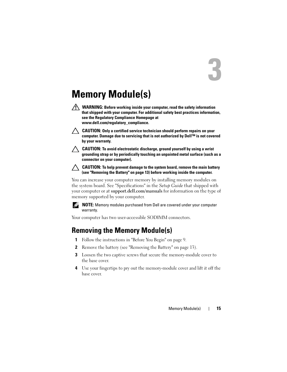 Memory module(s), Removing the memory module(s) | Dell XPS 14 (L401X, Late 2010) User Manual | Page 15 / 108