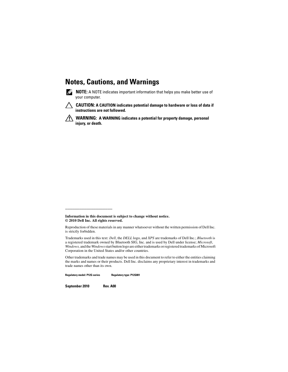 Notes, cautions, and warnings | Dell XPS 14 (L401X, Late 2010) User Manual | Page 2 / 108