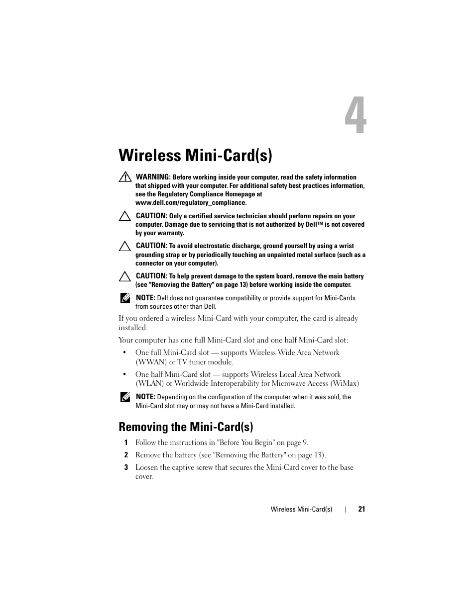 Wireless mini-card(s), Removing the mini-card(s) | Dell XPS 14 (L401X, Late 2010) User Manual | Page 21 / 108