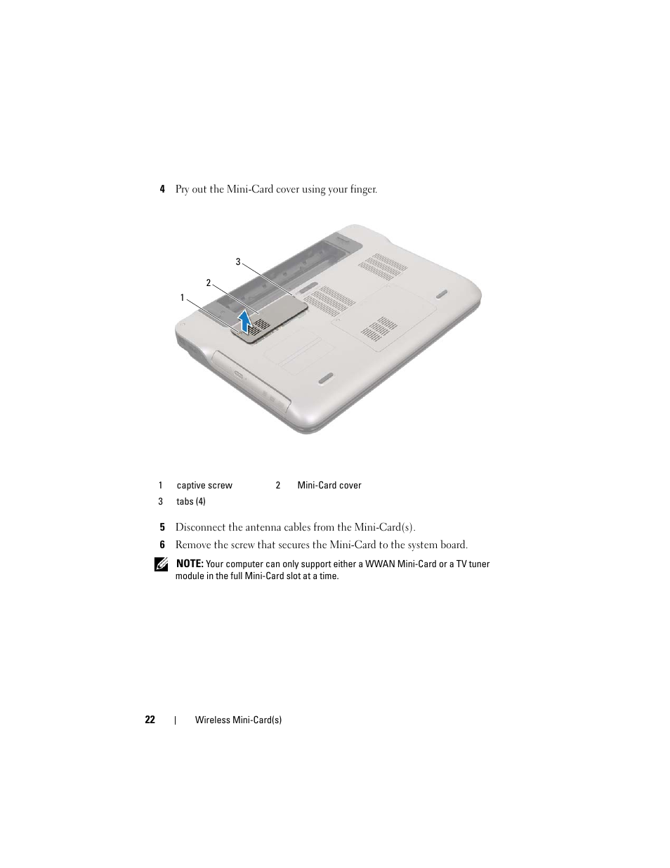 4 pry out the mini-card cover using your finger | Dell XPS 14 (L401X, Late 2010) User Manual | Page 22 / 108