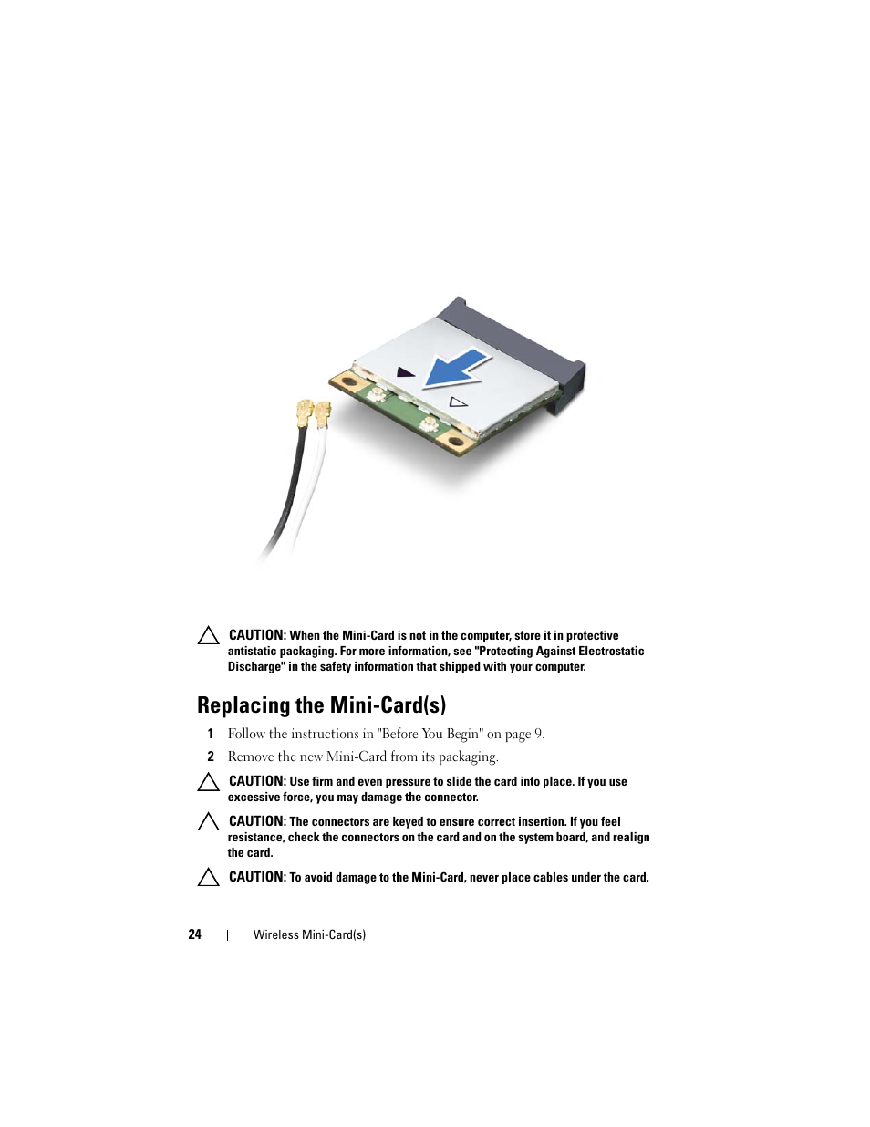 Replacing the mini-card(s), 2 remove the new mini-card from its packaging | Dell XPS 14 (L401X, Late 2010) User Manual | Page 24 / 108