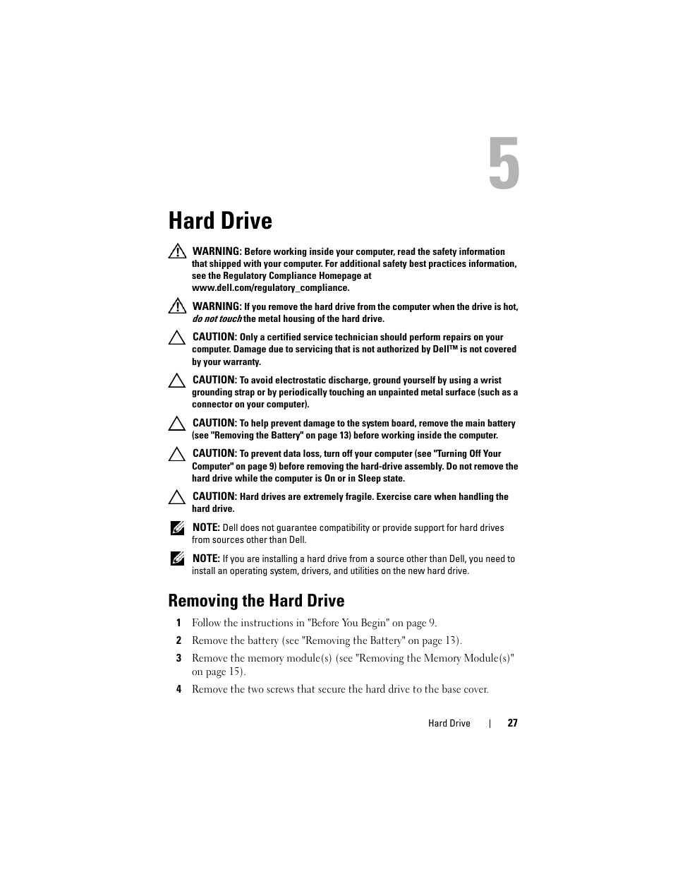 Hard drive, Removing the hard drive | Dell XPS 14 (L401X, Late 2010) User Manual | Page 27 / 108