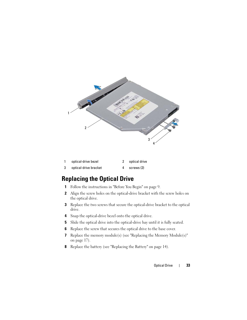 Replacing the optical drive | Dell XPS 14 (L401X, Late 2010) User Manual | Page 33 / 108