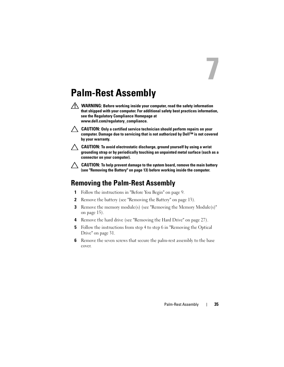 Palm-rest assembly, Removing the palm-rest assembly | Dell XPS 14 (L401X, Late 2010) User Manual | Page 35 / 108