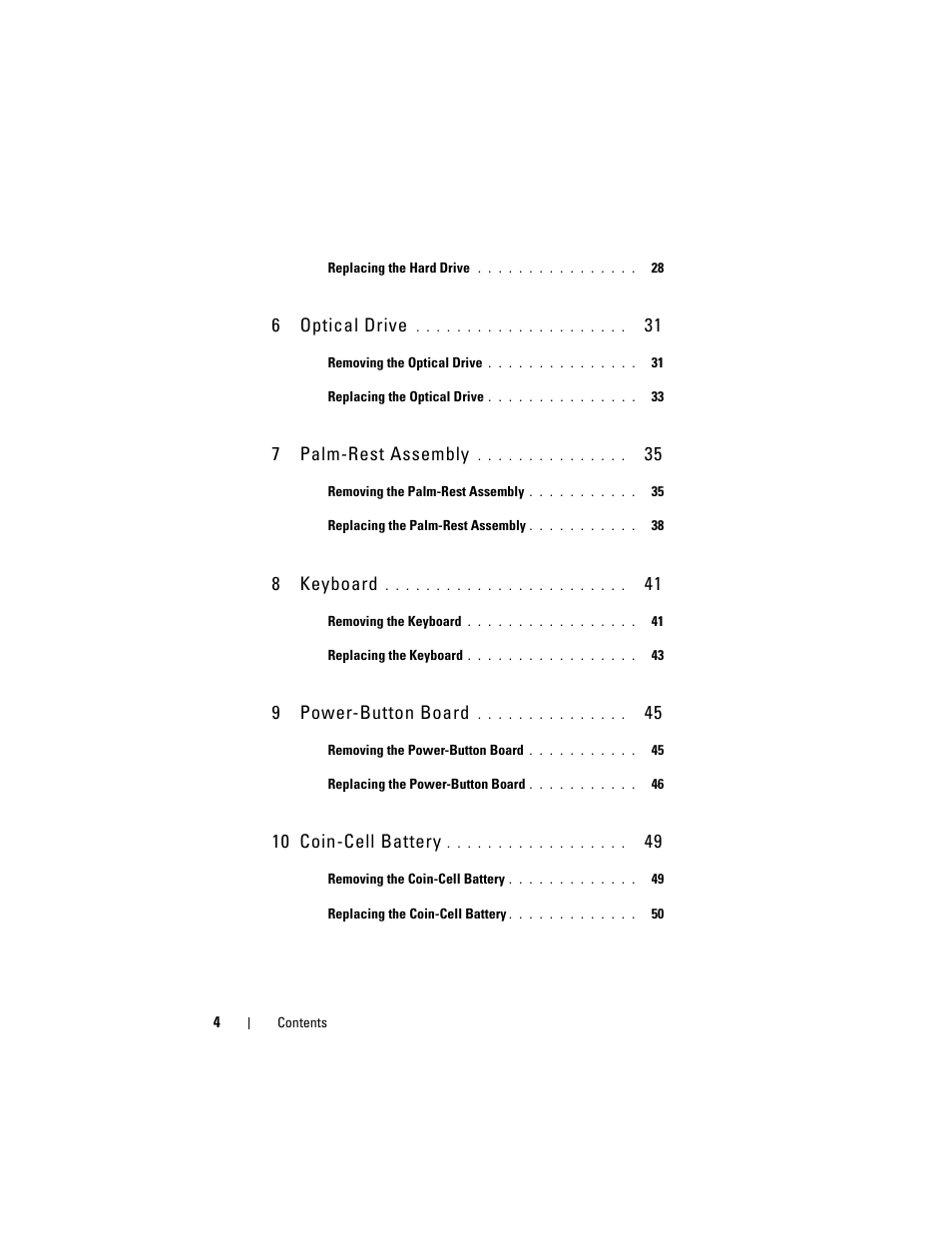6 optical drive, 7 palm-rest assembly, 8 keyboard | 9 power-button board, 10 coin-cell battery | Dell XPS 14 (L401X, Late 2010) User Manual | Page 4 / 108