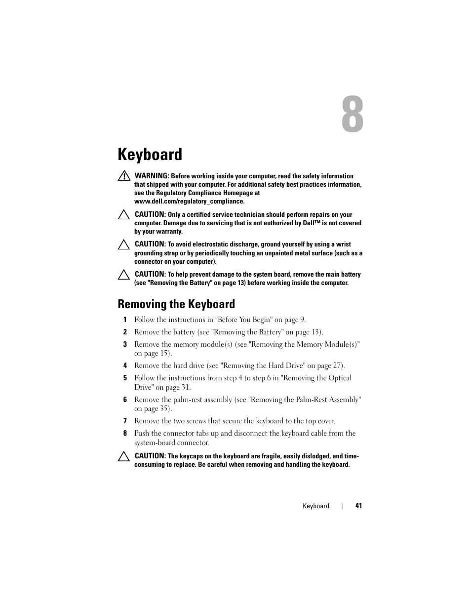 Keyboard, Removing the keyboard | Dell XPS 14 (L401X, Late 2010) User Manual | Page 41 / 108