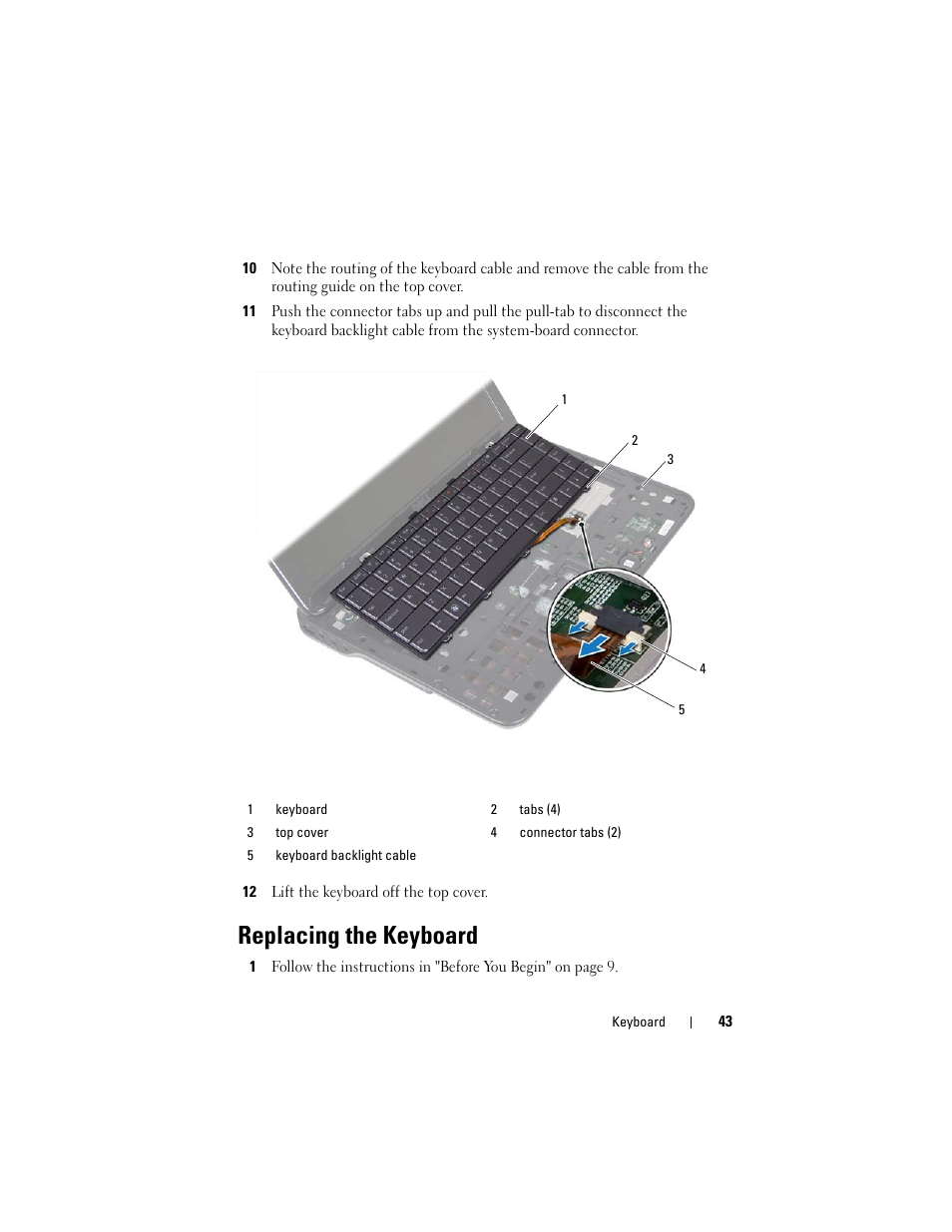 12 lift the keyboard off the top cover, Replacing the keyboard | Dell XPS 14 (L401X, Late 2010) User Manual | Page 43 / 108