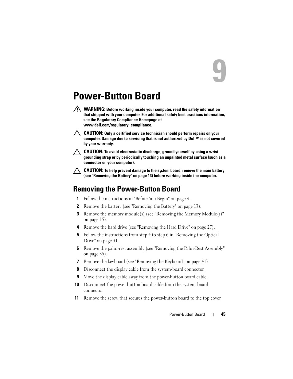 Power-button board, Removing the power-button board | Dell XPS 14 (L401X, Late 2010) User Manual | Page 45 / 108