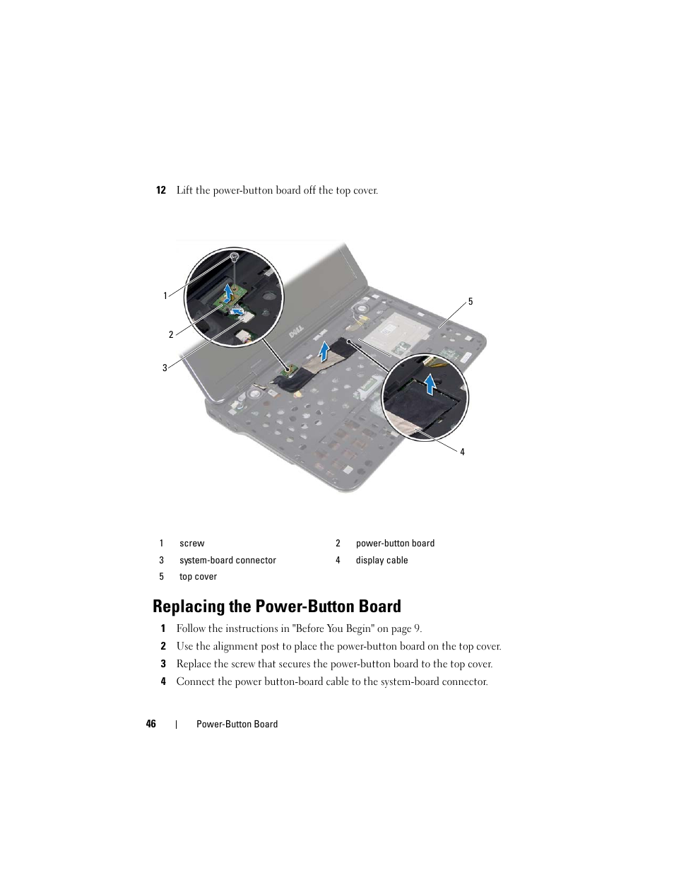 12 lift the power-button board off the top cover, Replacing the power-button board | Dell XPS 14 (L401X, Late 2010) User Manual | Page 46 / 108