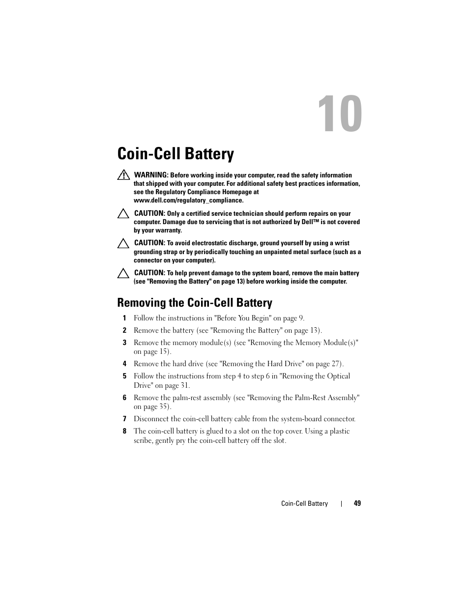 Coin-cell battery, Removing the coin-cell battery | Dell XPS 14 (L401X, Late 2010) User Manual | Page 49 / 108