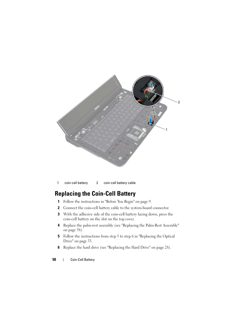 Replacing the coin-cell battery | Dell XPS 14 (L401X, Late 2010) User Manual | Page 50 / 108