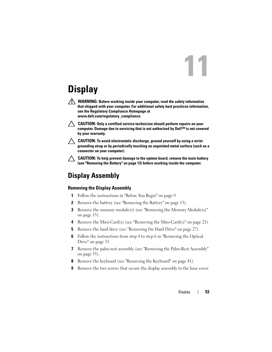 Display, Display assembly, Removing the display assembly | Dell XPS 14 (L401X, Late 2010) User Manual | Page 53 / 108