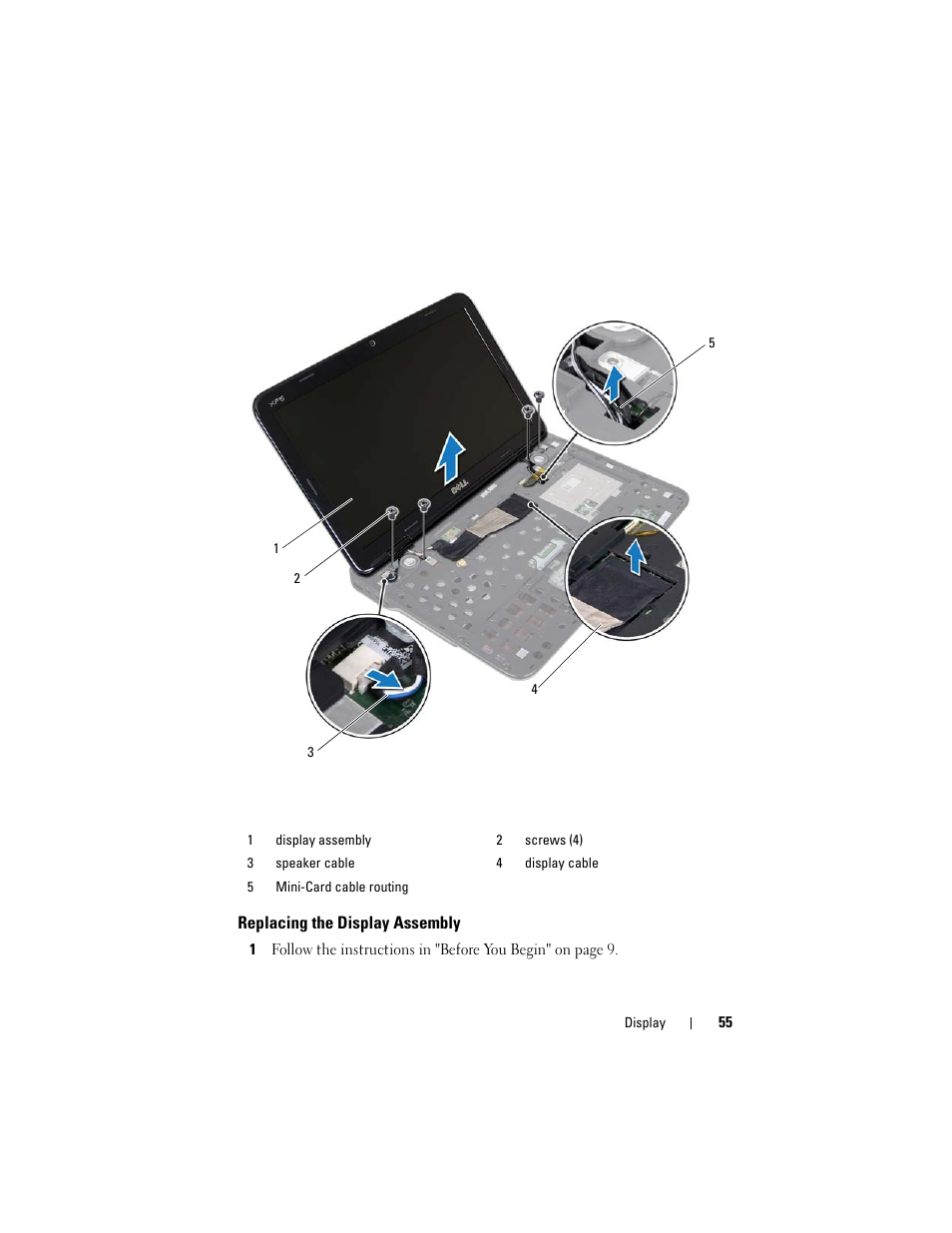 Replacing the display assembly | Dell XPS 14 (L401X, Late 2010) User Manual | Page 55 / 108