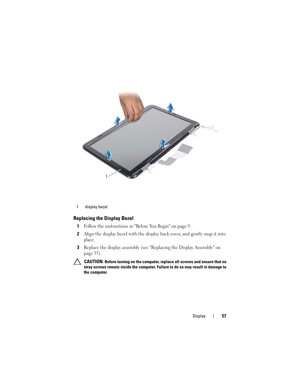 Replacing the display bezel | Dell XPS 14 (L401X, Late 2010) User Manual | Page 57 / 108