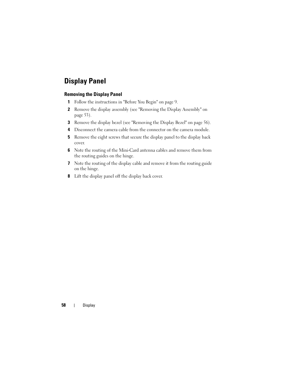 Display panel, Removing the display panel | Dell XPS 14 (L401X, Late 2010) User Manual | Page 58 / 108