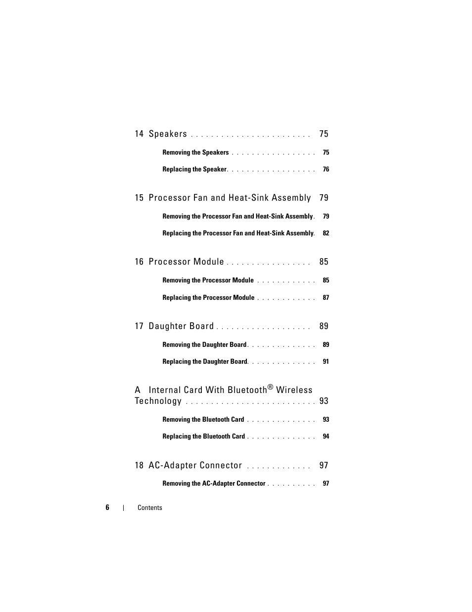 14 speakers, 15 processor fan and heat-sink assembly, 16 processor module | 17 daughter board, A internal card with bluetooth, Wireless technology, 18 ac-adapter connector | Dell XPS 14 (L401X, Late 2010) User Manual | Page 6 / 108