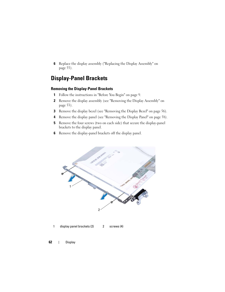 Display-panel brackets, Removing the display-panel brackets | Dell XPS 14 (L401X, Late 2010) User Manual | Page 62 / 108