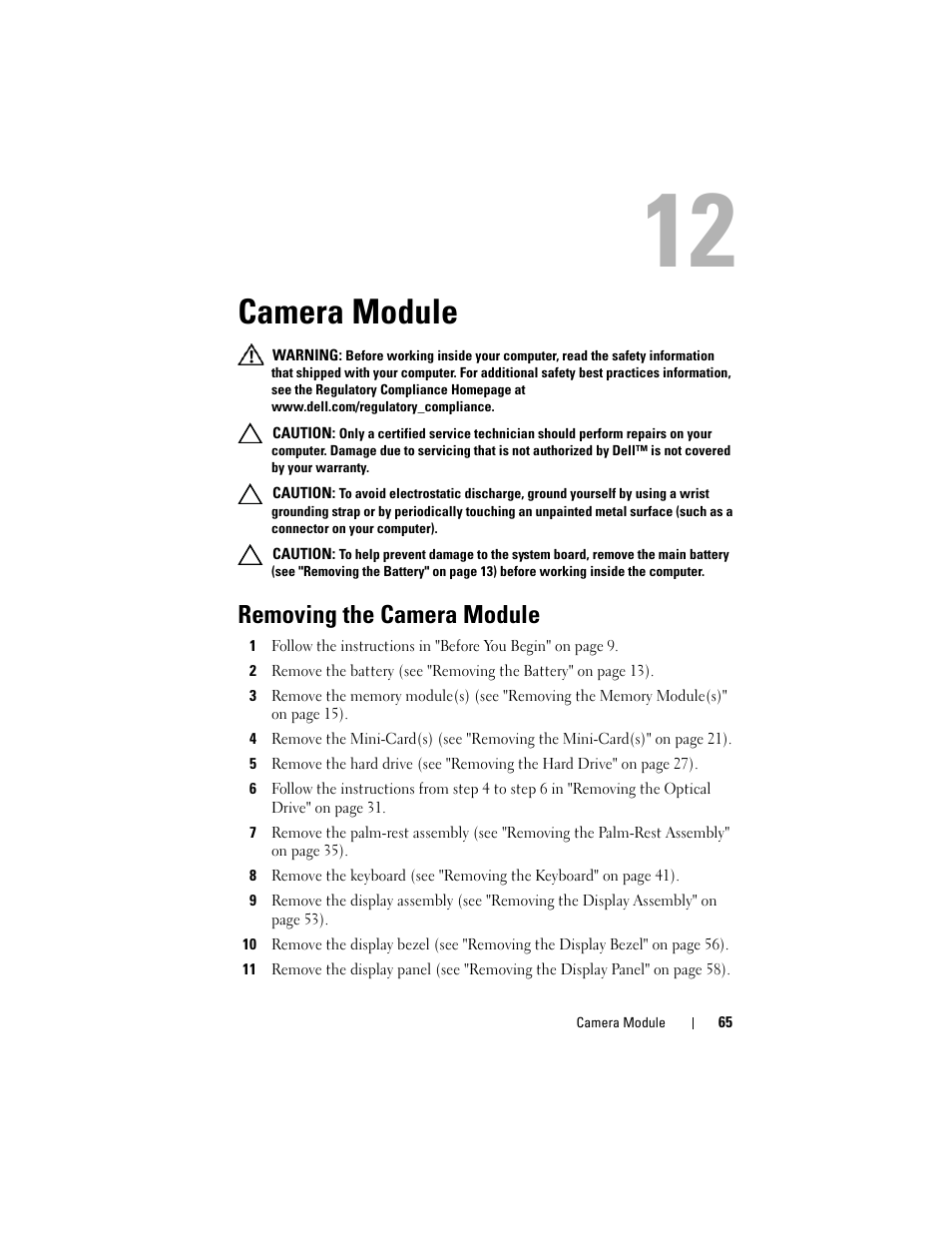 Camera module, Removing the camera module | Dell XPS 14 (L401X, Late 2010) User Manual | Page 65 / 108