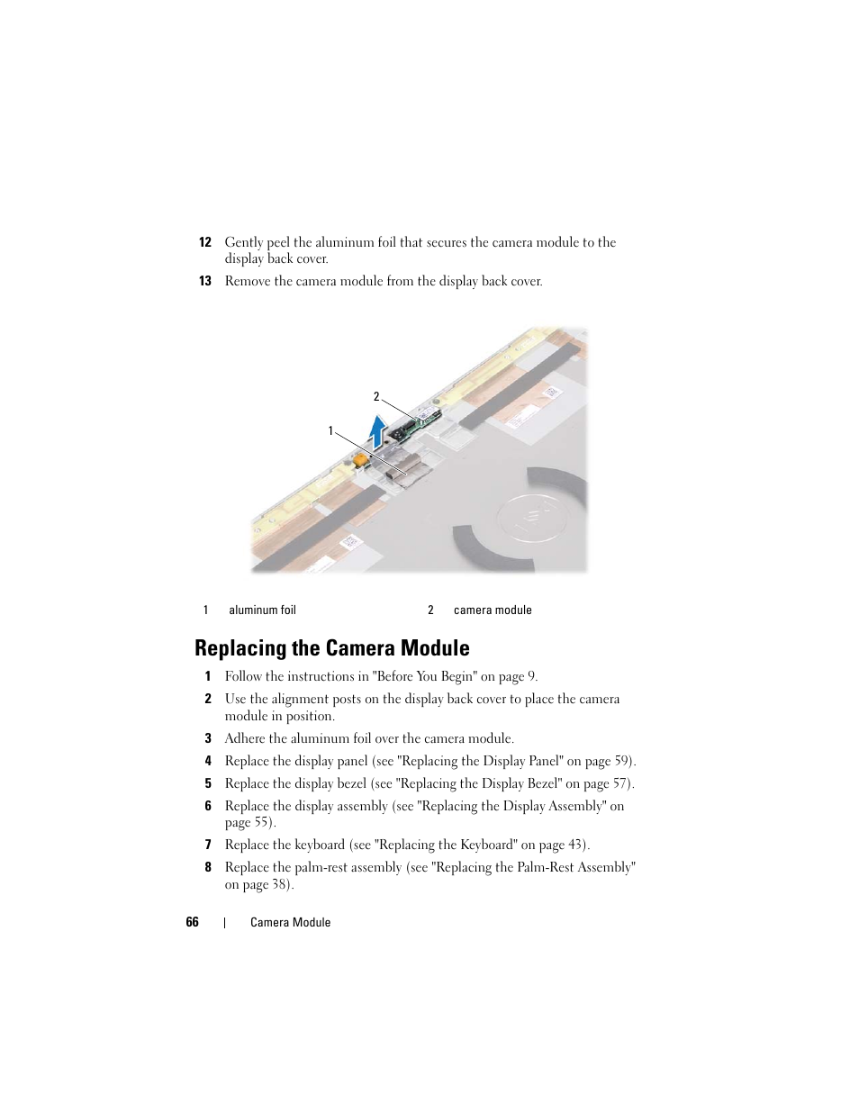 Replacing the camera module | Dell XPS 14 (L401X, Late 2010) User Manual | Page 66 / 108