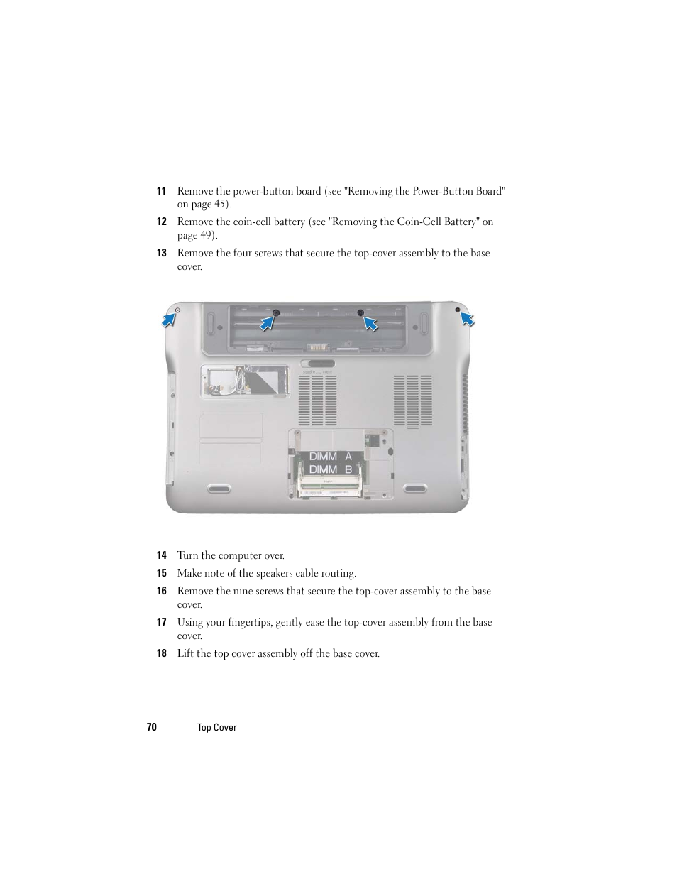 14 turn the computer over, 15 make note of the speakers cable routing, 18 lift the top cover assembly off the base cover | Dell XPS 14 (L401X, Late 2010) User Manual | Page 70 / 108