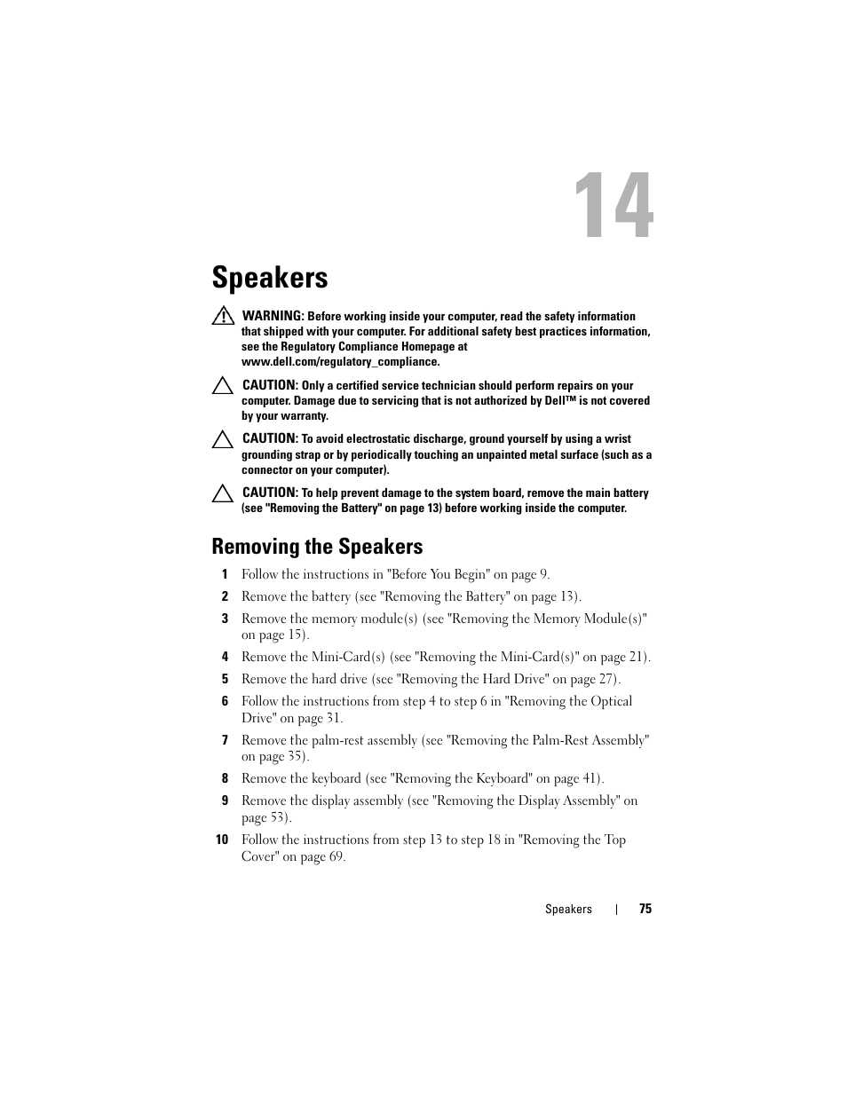 Speakers, Removing the speakers | Dell XPS 14 (L401X, Late 2010) User Manual | Page 75 / 108