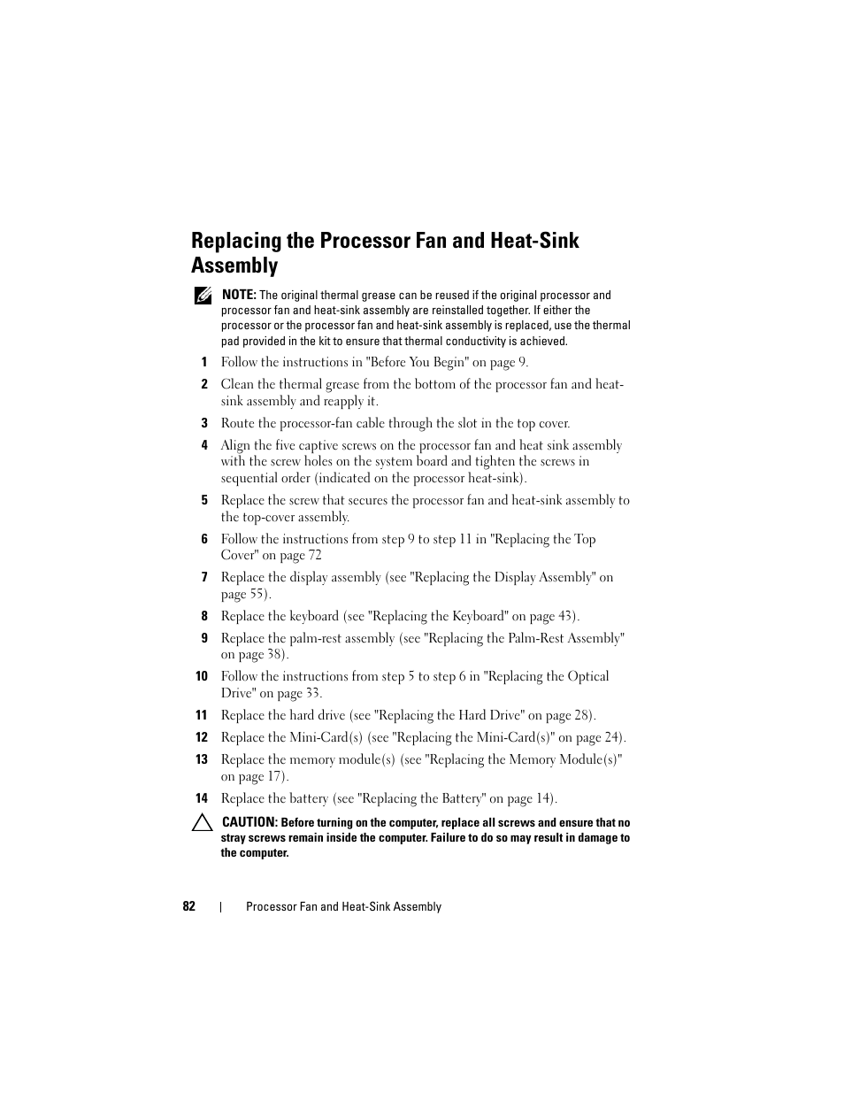 Replacing the processor fan and heat-sink assembly, Replacing the | Dell XPS 14 (L401X, Late 2010) User Manual | Page 82 / 108