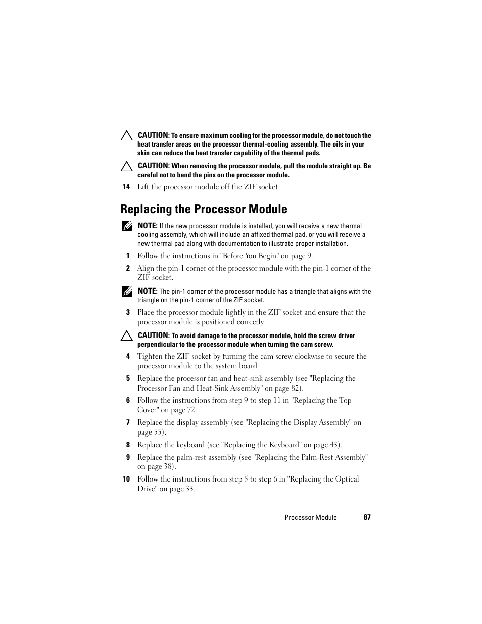 14 lift the processor module off the zif socket, Replacing the processor module, See "replacing the processor module" on | Dell XPS 14 (L401X, Late 2010) User Manual | Page 87 / 108