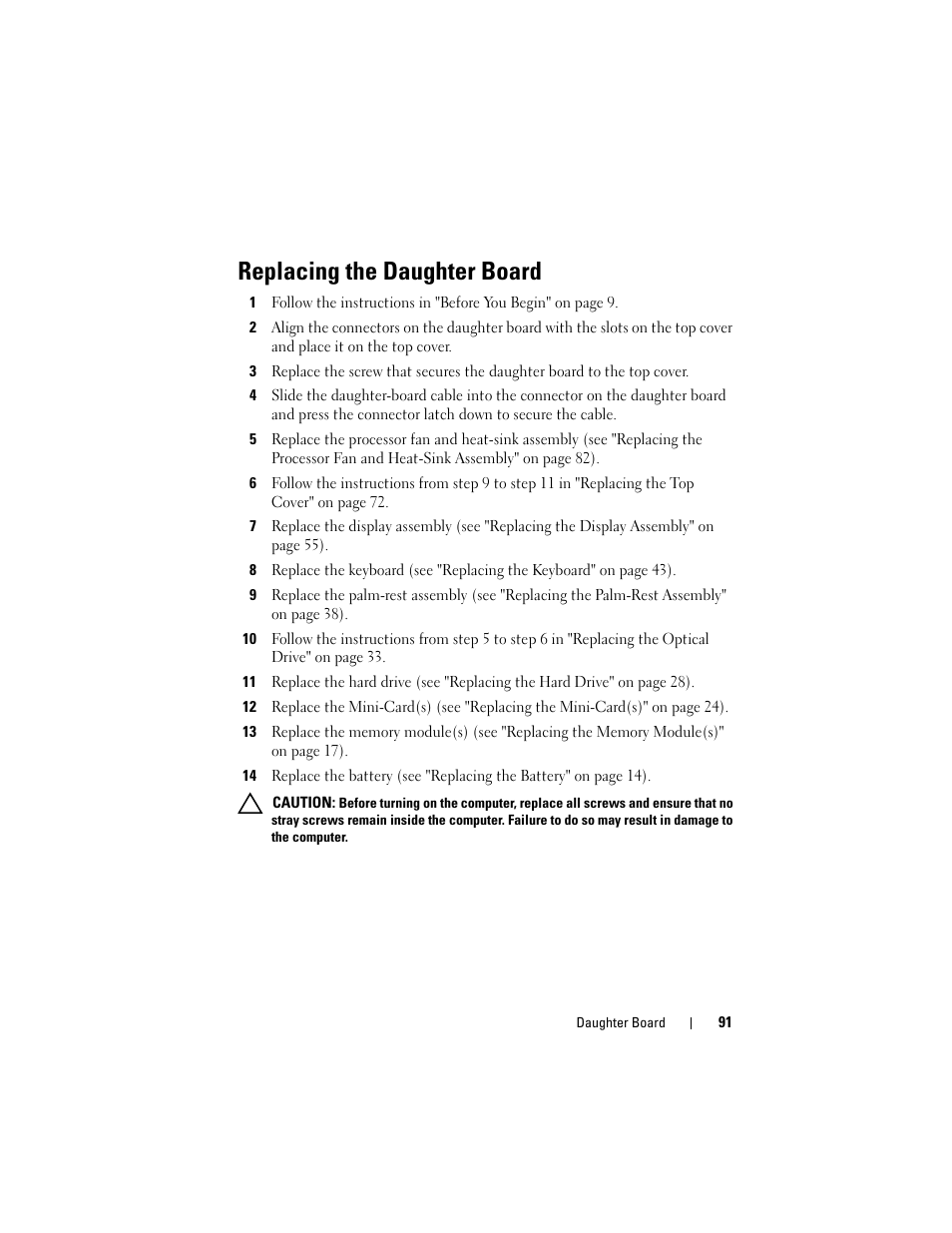 Replacing the daughter board, Replacing the daughter board" on | Dell XPS 14 (L401X, Late 2010) User Manual | Page 91 / 108
