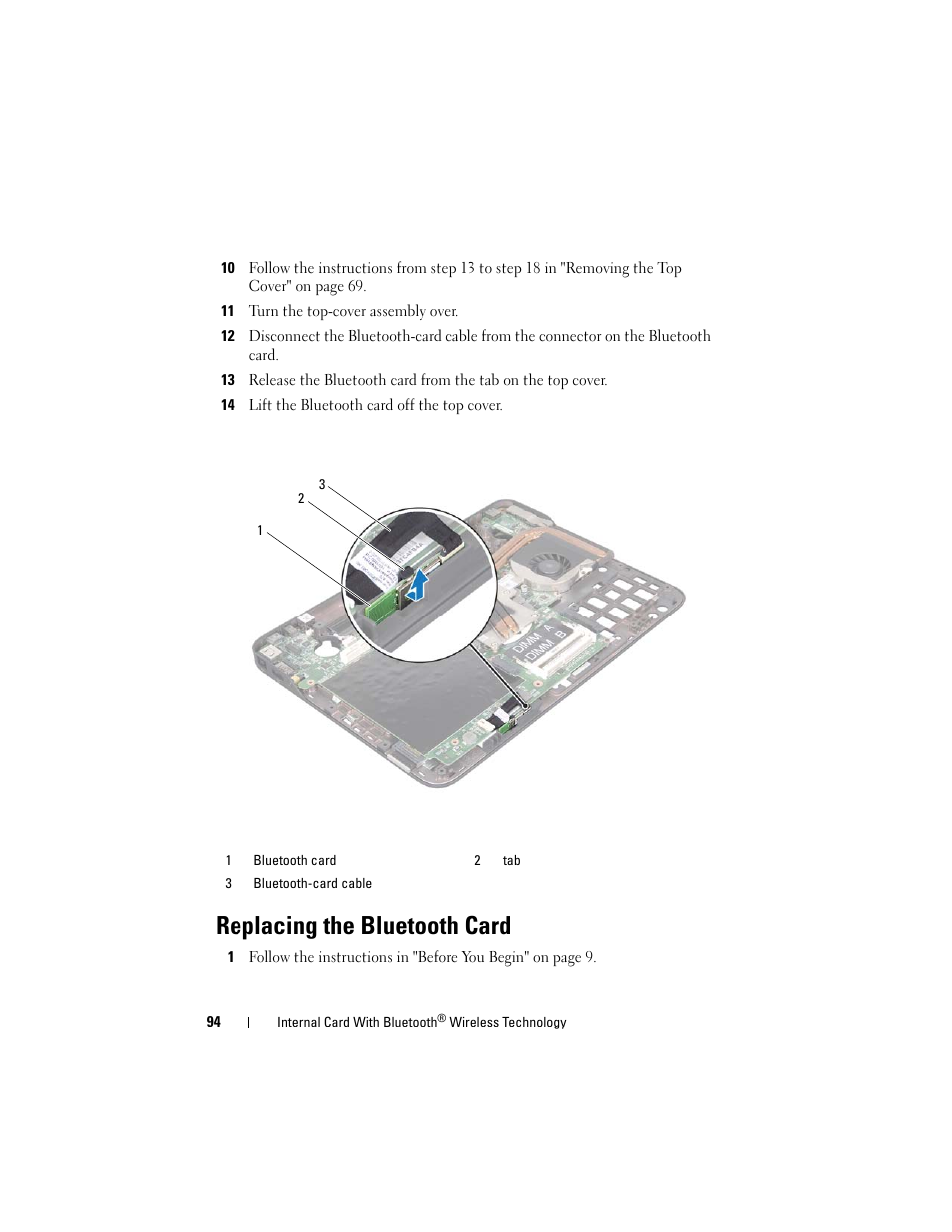 11 turn the top-cover assembly over, 14 lift the bluetooth card off the top cover, Replacing the bluetooth card | Replacing the bluetooth card" on | Dell XPS 14 (L401X, Late 2010) User Manual | Page 94 / 108