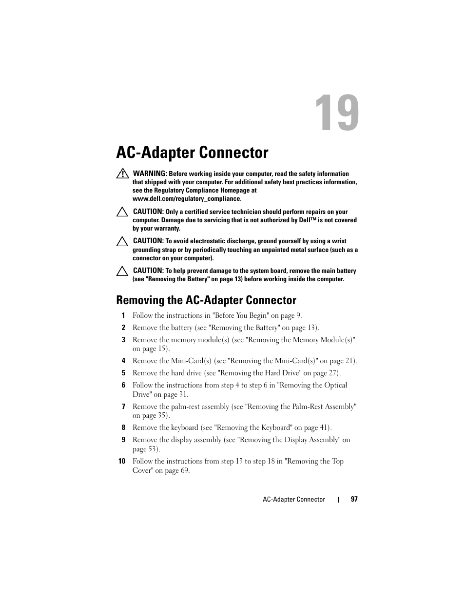 Ac-adapter connector, Removing the ac-adapter connector, Connector (see "removing the ac-adapter | Dell XPS 14 (L401X, Late 2010) User Manual | Page 97 / 108