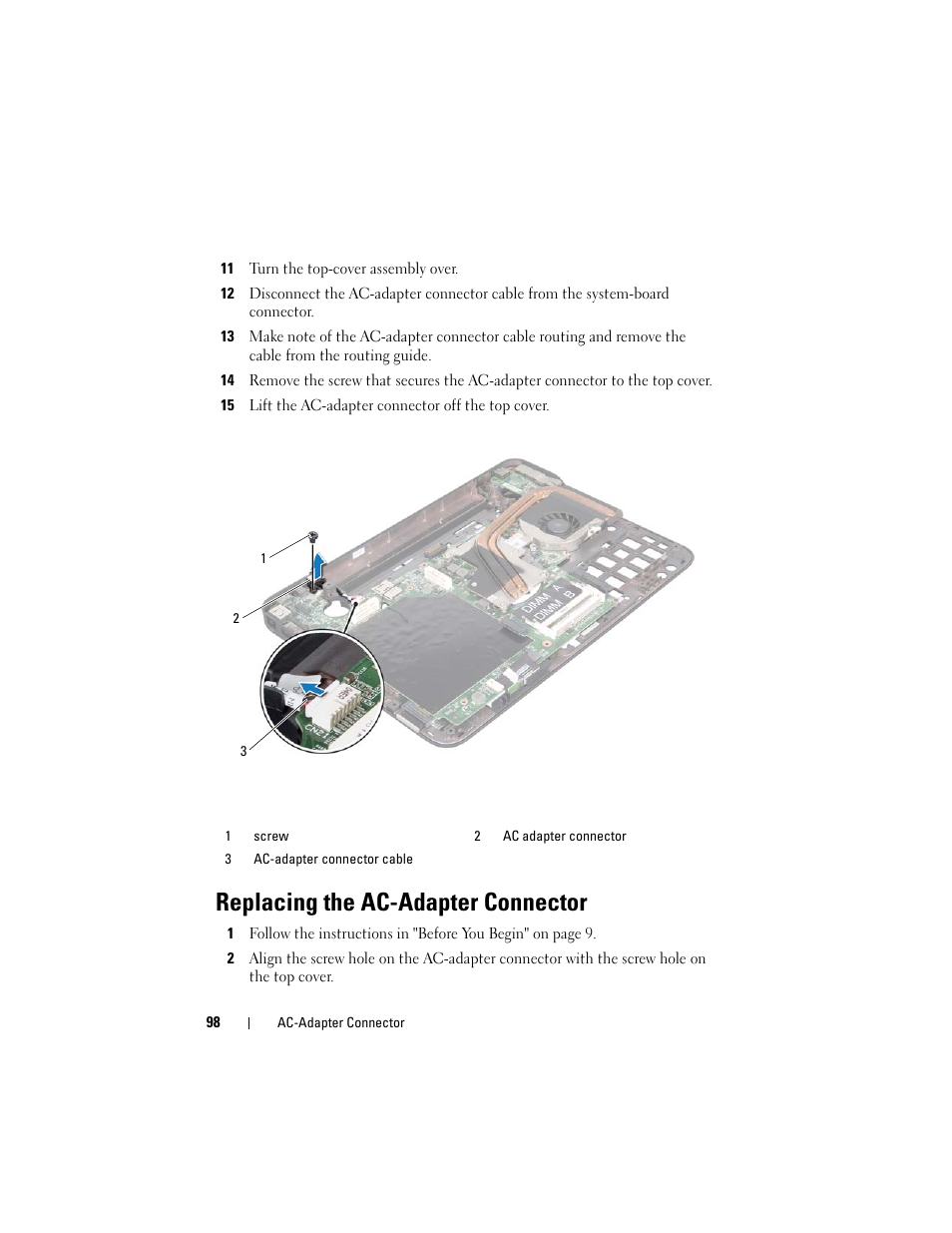 11 turn the top-cover assembly over, 15 lift the ac-adapter connector off the top cover, Replacing the ac-adapter connector | Replacing the ac-adapter | Dell XPS 14 (L401X, Late 2010) User Manual | Page 98 / 108