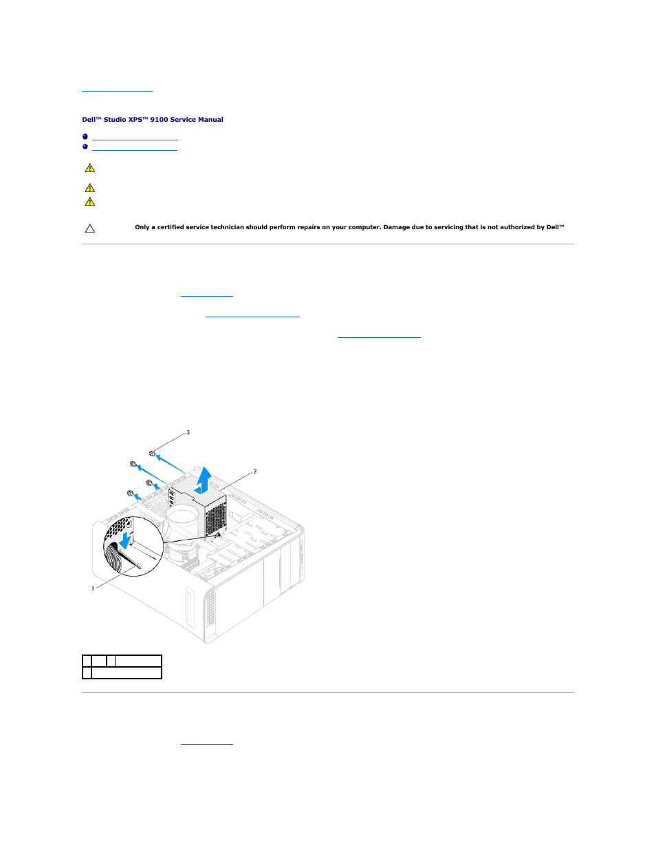 Power supply, Removing the power supply, Replacing the power supply | Dell Studio XPS 9100 (Mid 2010) User Manual | Page 32 / 50