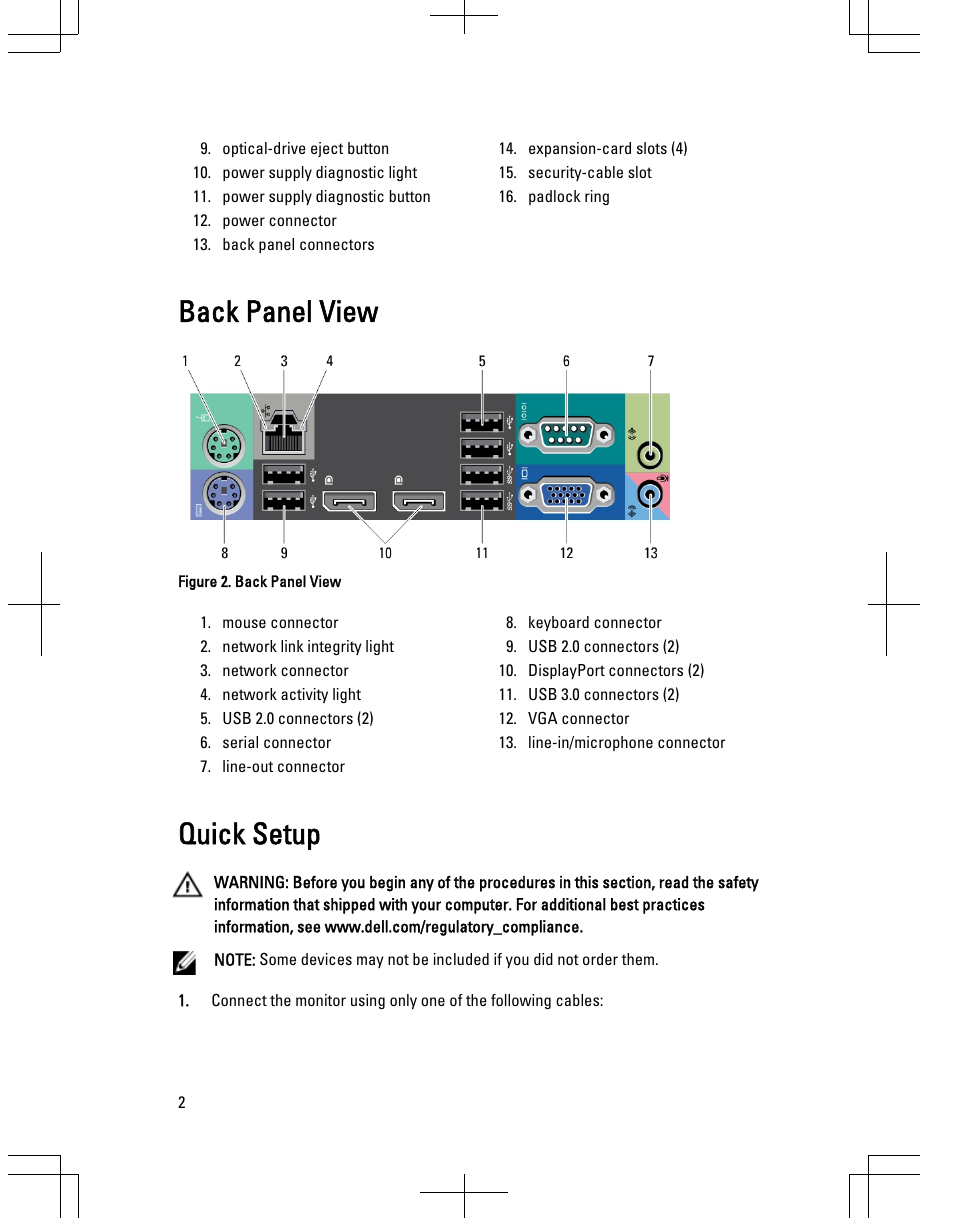 Back panel view, Quick setup | Dell Precision T1650 (Mid 2012) User Manual | Page 2 / 6