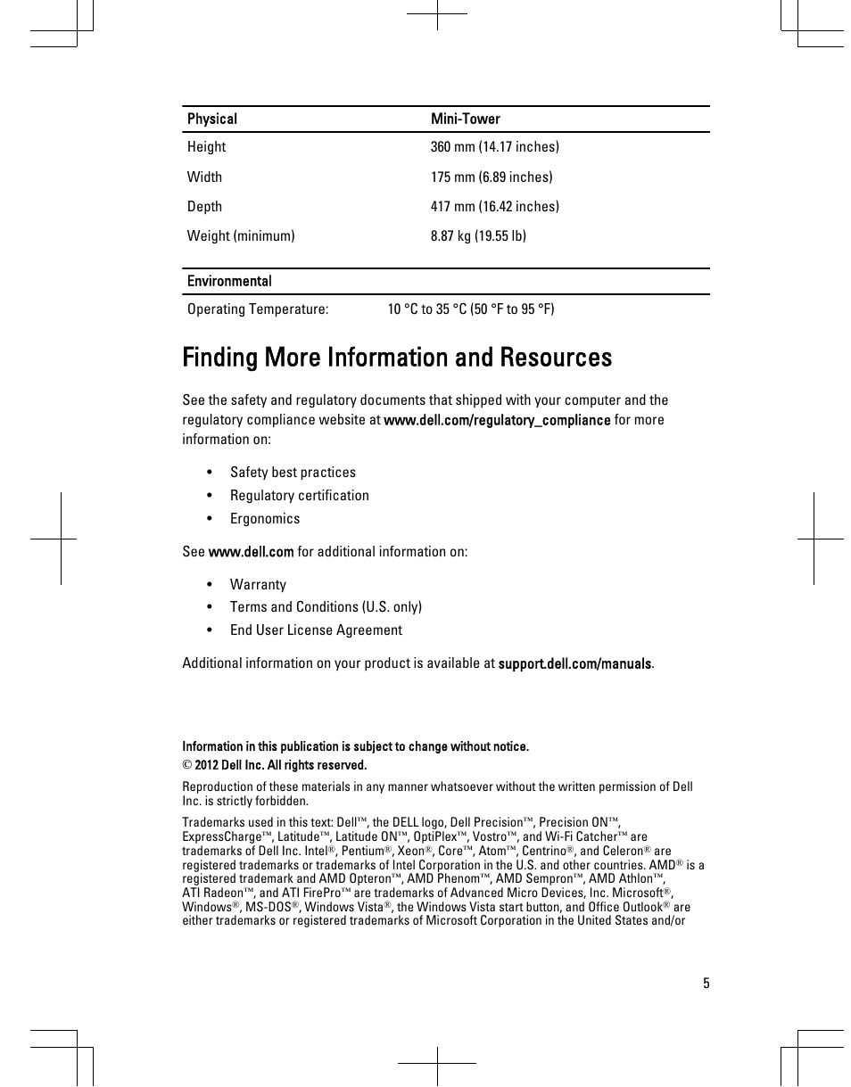 Finding more information and resources | Dell Precision T1650 (Mid 2012) User Manual | Page 5 / 6