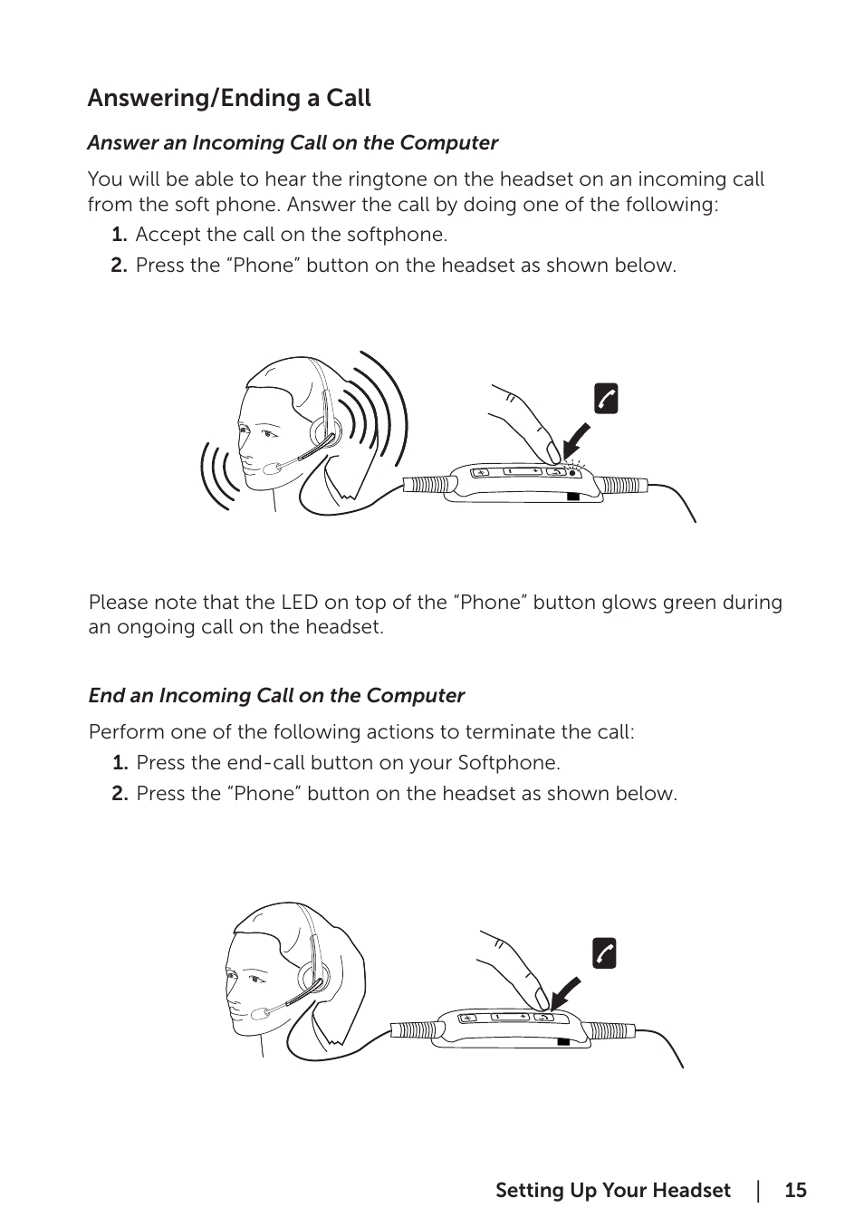 Answering/ending a call, Answer an incoming call on the computer, End an incoming call on the computer | Dell Pro Stereo Headset UC300-Lync Optimised User Manual | Page 15 / 26