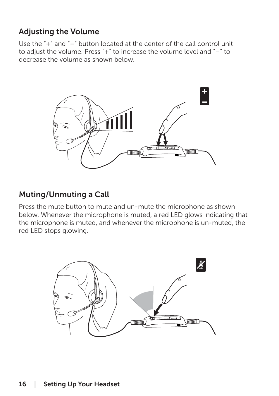 Adjusting the volume, Muting/unmuting a call, Adjusting the volume muting/unmuting a call | Dell Pro Stereo Headset UC300-Lync Optimised User Manual | Page 16 / 26