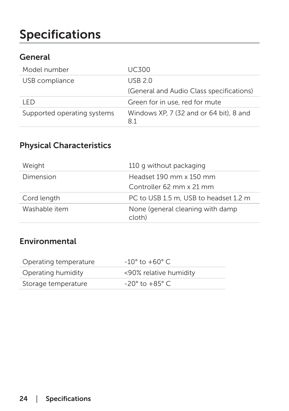 Specifications, General, Physical characteristics | Environmental, General physical characteristics environmental | Dell Pro Stereo Headset UC300-Lync Optimised User Manual | Page 24 / 26