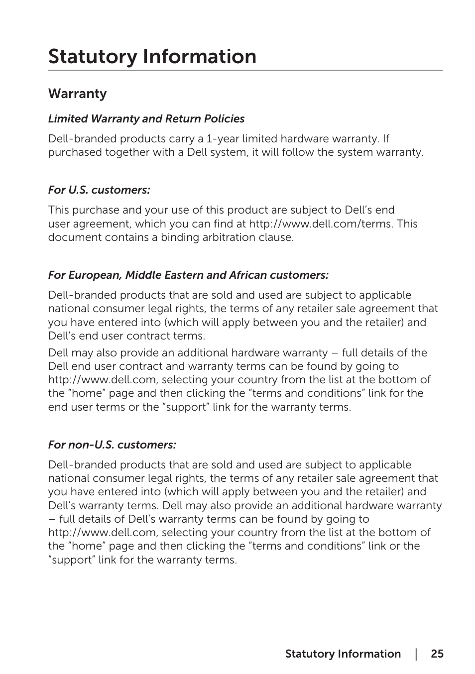 Statutory information, Warranty, Limited warranty and return policies | For u.s. customers, For european, middle eastern and african customers, For non-u.s. customers | Dell Pro Stereo Headset UC300-Lync Optimised User Manual | Page 25 / 26