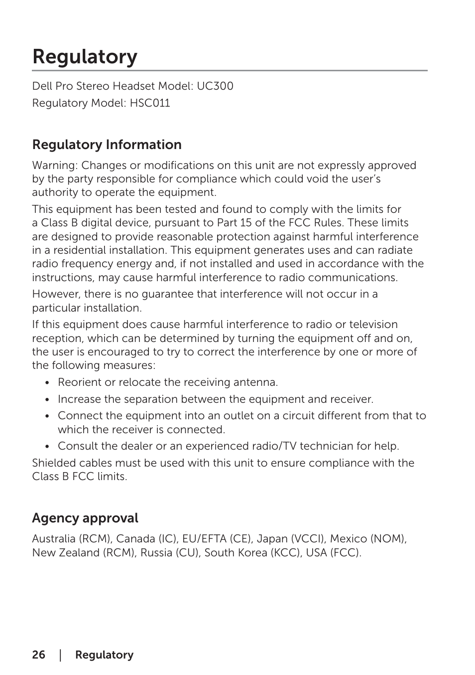 Regulatory, Regulatory information, Agency approval | Regulatory information agency approval | Dell Pro Stereo Headset UC300-Lync Optimised User Manual | Page 26 / 26