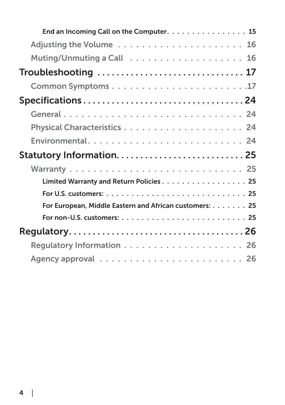 Troubleshooting, Specifications, Statutory information | Regulatory | Dell Pro Stereo Headset UC300-Lync Optimised User Manual | Page 4 / 26