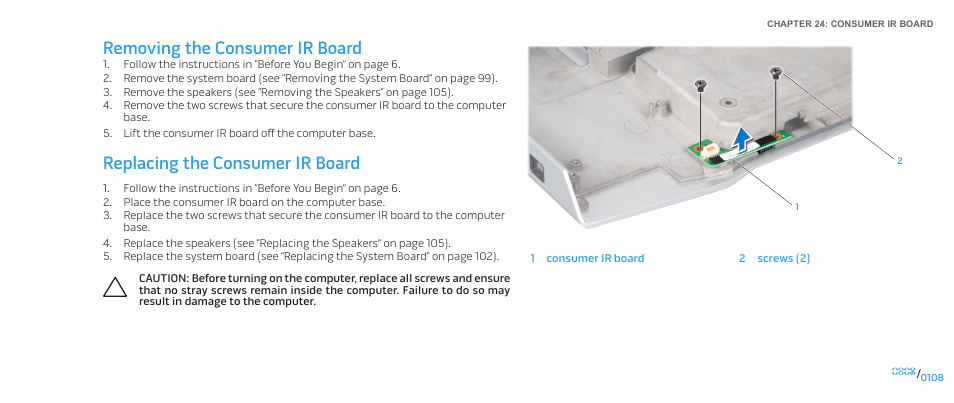 Removing the consumer ir board, Replacing the consumer ir board | Dell Alienware M17x R2 (Early 2010) User Manual | Page 108 / 118