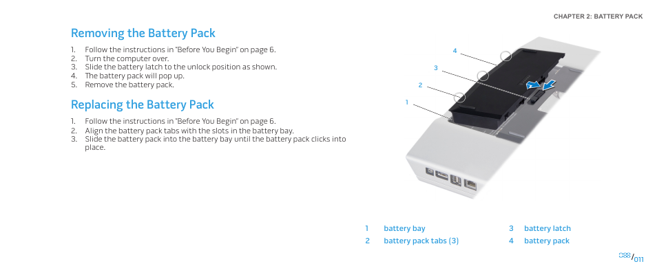 Removing the battery pack, Replacing the battery pack | Dell Alienware M17x R2 (Early 2010) User Manual | Page 11 / 118