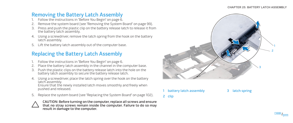 Removing the battery latch assembly, Replacing the battery latch assembly | Dell Alienware M17x R2 (Early 2010) User Manual | Page 111 / 118