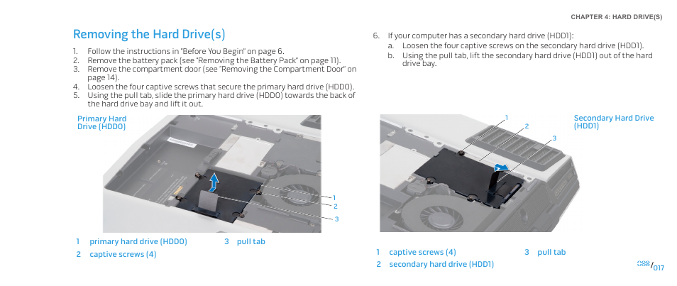 Removing the hard drive(s) | Dell Alienware M17x R2 (Early 2010) User Manual | Page 17 / 118