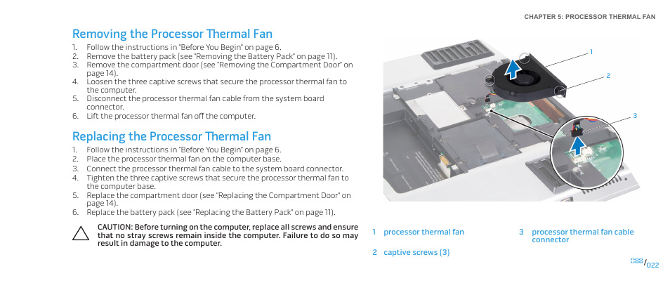 Removing the processor thermal fan, Replacing the processor thermal fan | Dell Alienware M17x R2 (Early 2010) User Manual | Page 22 / 118