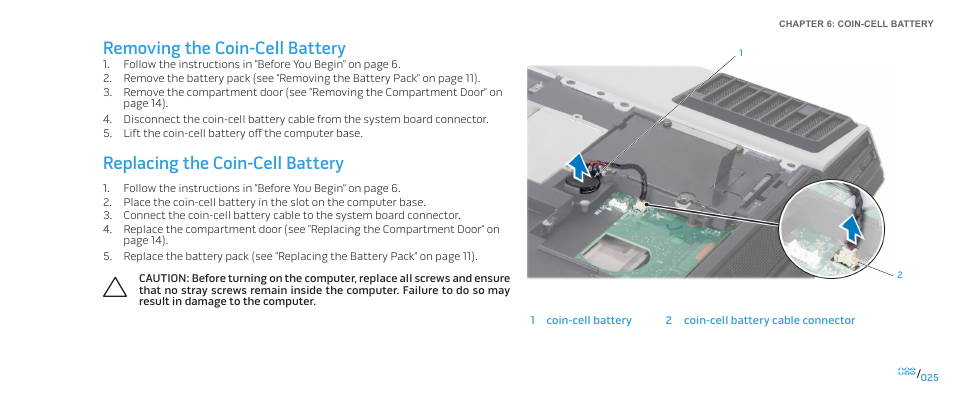 Removing the coin-cell battery, Replacing the coin-cell battery | Dell Alienware M17x R2 (Early 2010) User Manual | Page 25 / 118