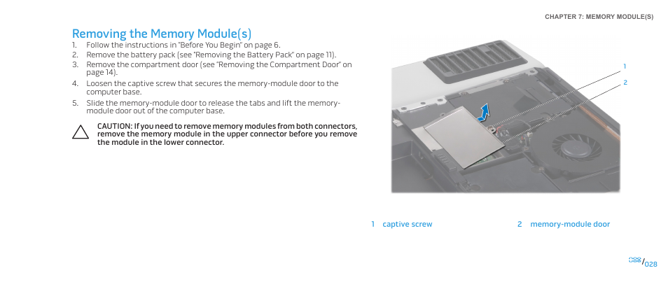 Removing the memory module(s) | Dell Alienware M17x R2 (Early 2010) User Manual | Page 28 / 118