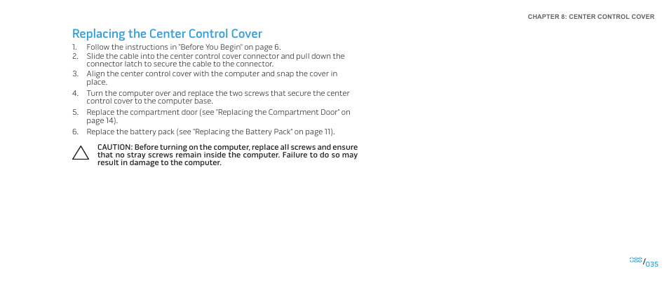 Replacing the center control cover | Dell Alienware M17x R2 (Early 2010) User Manual | Page 35 / 118